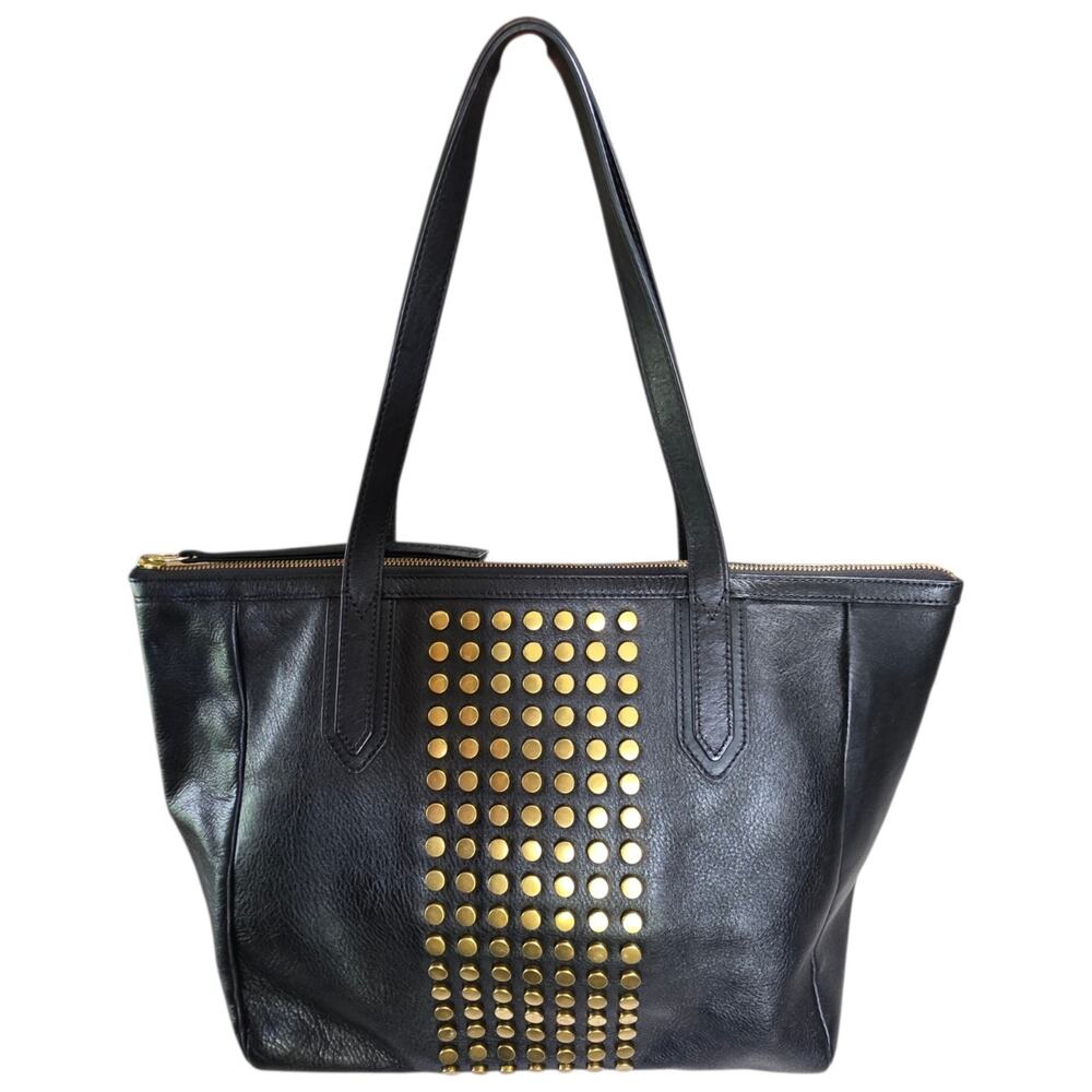 Fossil Sydney Shopper Tote Black Leather Gold Studded Large Shoulder Bag Purse